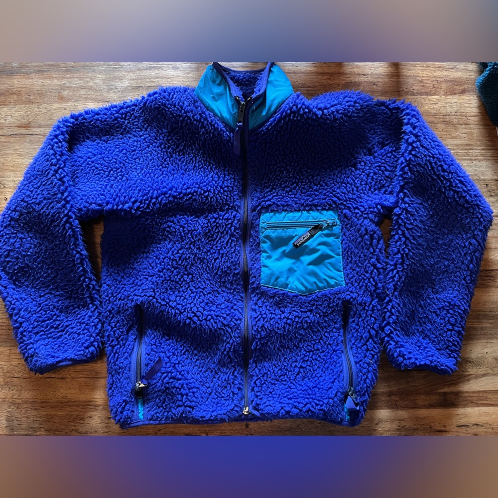 PATAGONIA 90s Vintage Cardigan Cobalt Blue French Red Deep Pile Small